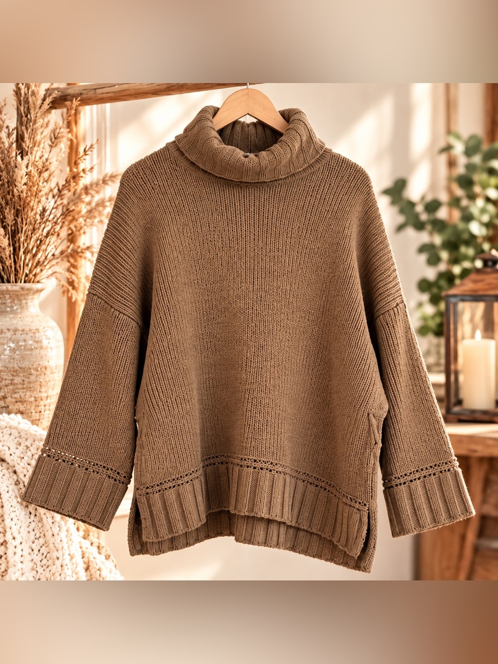 aerie Chunky Turtleneck Sweater in Camel Brown